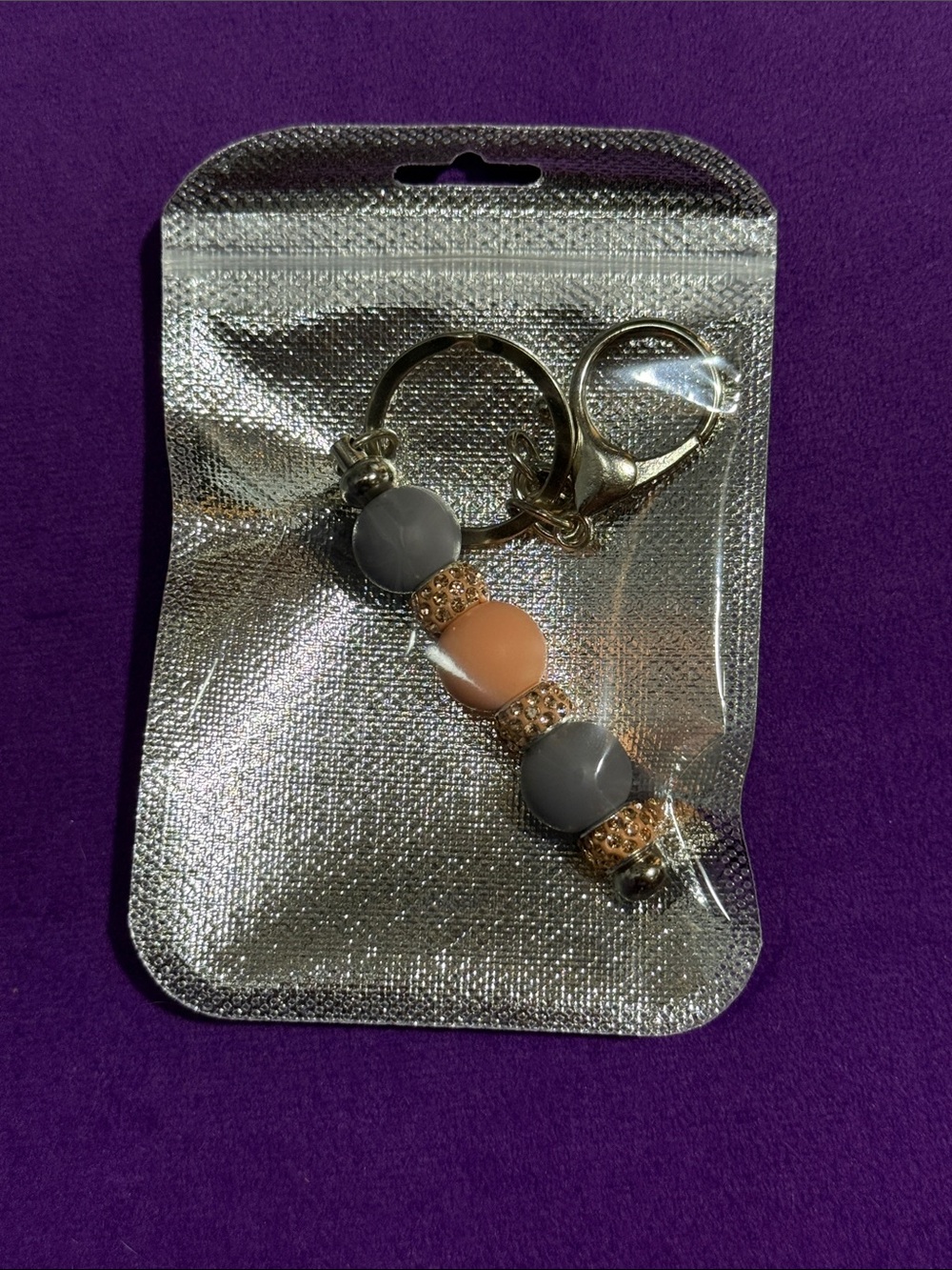 Beaded Keychain/BagCharm - Gray and Peach